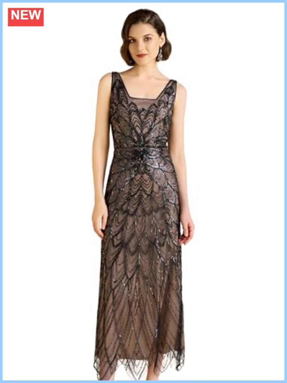 Formal Evening Gown Sleeveless Deep V-Neck Mermaid Tea Length Sequin Dress
